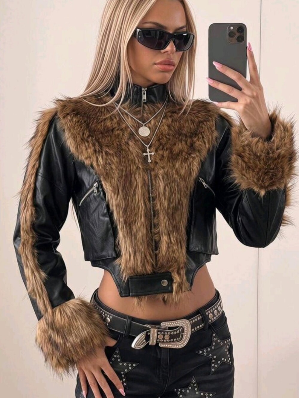 Women's PU Leather Collar & Sleeve Faux Fur Patchwork Black Long